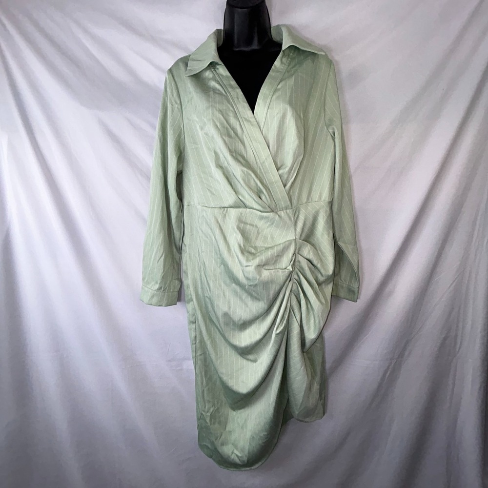 Cider Wrap Dress Womens 0XL Green Vertical Striped Ruched Stretch Split Collared